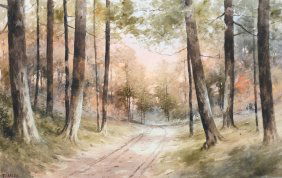 WATERCOLOR COUNTRY ROAD PAINTING SIGNED T. HILL