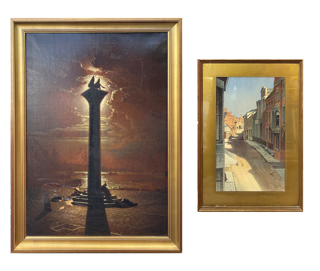 TWO JULIUS EHRKE EUROPEAN PAINTINGS: EHRKE, Julius, (English, 1837-1890): 1) St. Mark's Square, Venice, during an eclipse(?). Oil/Canvas, 30" x 21", signed lower right, framed, 33.5" x 24"; 2) European Street Scene with Figures Walking, 