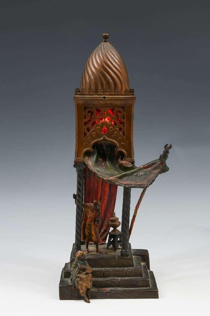 AUSTRIAN FRANZ BERGMAN COLD-PAINTED LAMP: AUSTRIAN FRANZ BERGMAN COLD-PAINTED LAMP: Franz Bergman Cold-painted Bronze Lamp, Austria, late 19th/early 20th-century, impressed Vasiform "B" mark and "Made in Austria" on the reverse. Alternating G