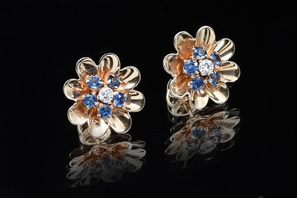 14K MID-CENTURY SAPPHIRE & DIAMOND FLORAL EAR