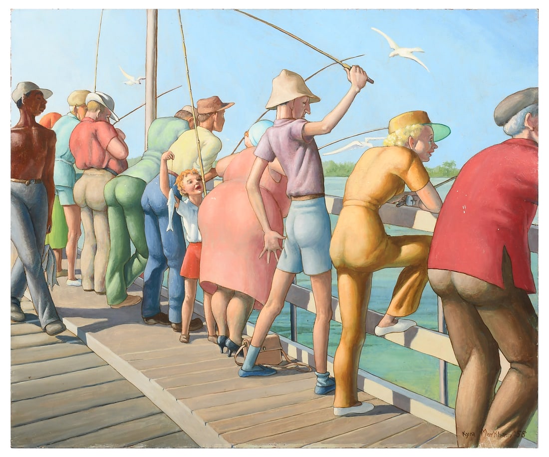 KYRA MARKHAM DAY AT THE PIER PAINTING: MARKHAM, Kyra, (American, 1891-1967): Crowded Fishing Pier, Oil/Masonite, 20" x 24", signed lower right, dated '58, unframed.
