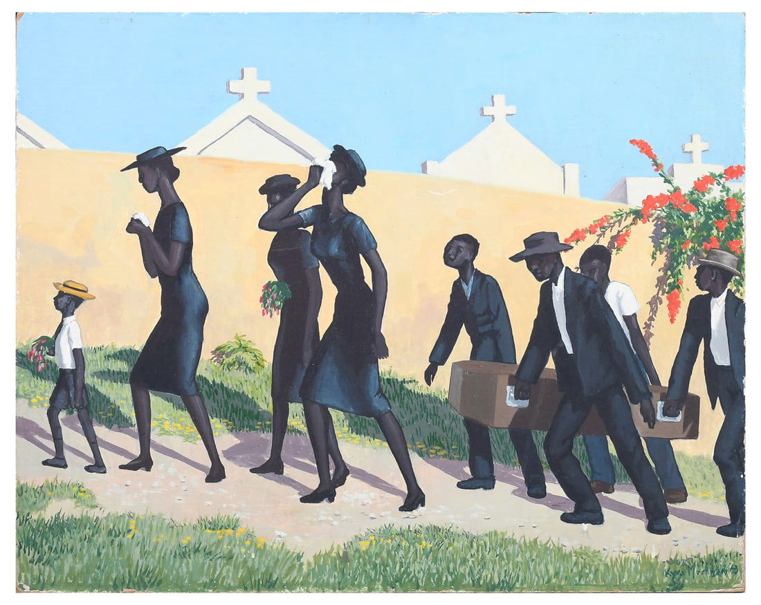 KYRA MARKHAM STRIKING SOCIAL REALISM PAINTING: MARKHAM, Kyra, (American, 1891-1967): African-American Family Walking with a Casket to the Cemetery, Oil/Masonite, 16" x 20", signed lower right and dated '63, unframed.