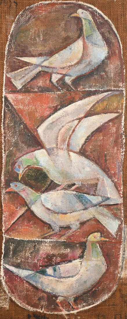 EMANUEL ROMANO CUBIST STILL LIFE PAINTING: ROMANO, Emanuel, (American/Italian, 1897-1984): Cubist Still Life with Gulls, Oil/Canvas, 37.5" x 16", signed on the canvas verso, framed, 41" x 19.5".