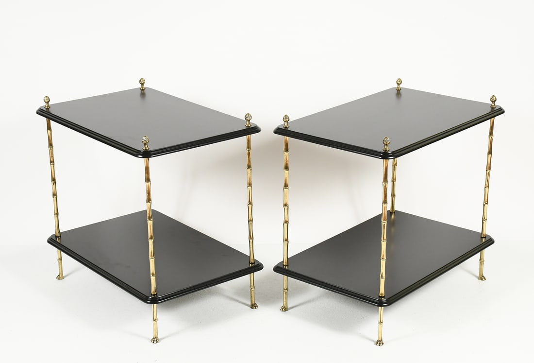 PAIR OF KINDEL CHINOISERIE BAMBOO SIDE TABLES: PAIR OF KINDEL CHINOISERIE BAMBOO SIDE TABLES: Pair of Kindle end tables, having Ebonized surfaced with Brass faux Bamboo supports. Surmounting brass Pine Cone finials. All raised on brass Paw feet. K