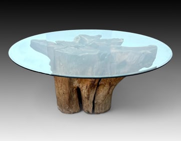 REDWOOD TREE TRUNK GLASS TOP TABLE