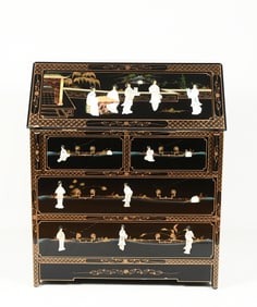 INLAID BLACK LACQUER DROPFRONT DESK W/ FIGURES