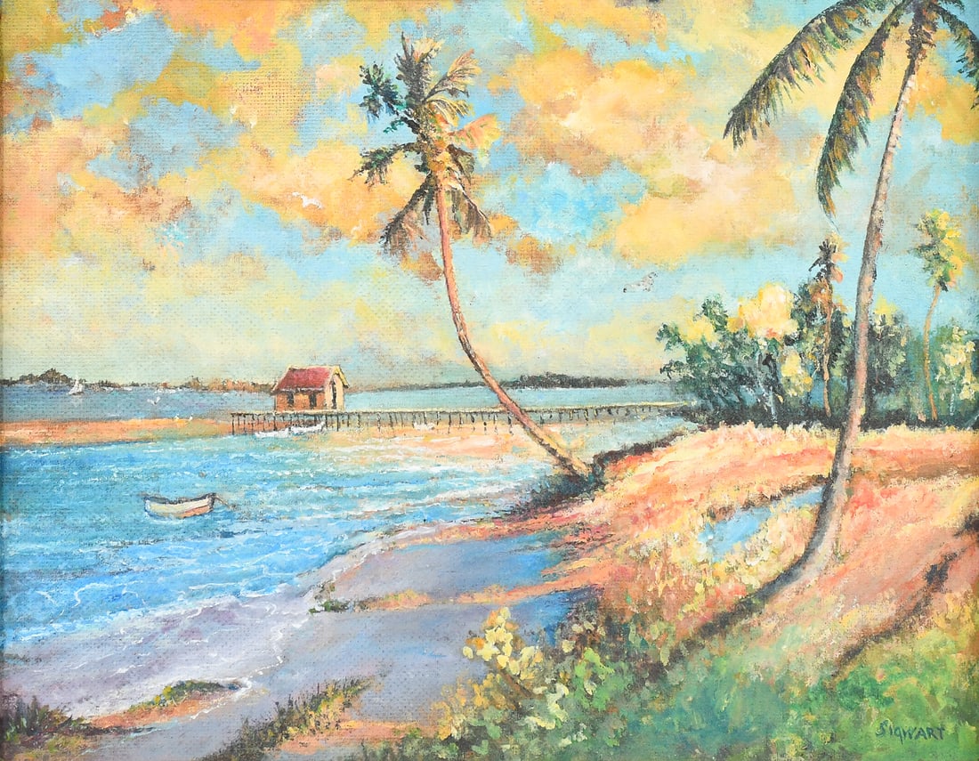 FLORIDA INTERCOASTAL PAINTING WITH PALMS AND PIER: FLORIDA INTERCOASTAL PAINTING WITH PALMS AND PIER BY SIGWART: Oil/Masonite, 16" x 20", signed lower right, framed, 17.25" x 21.25".
