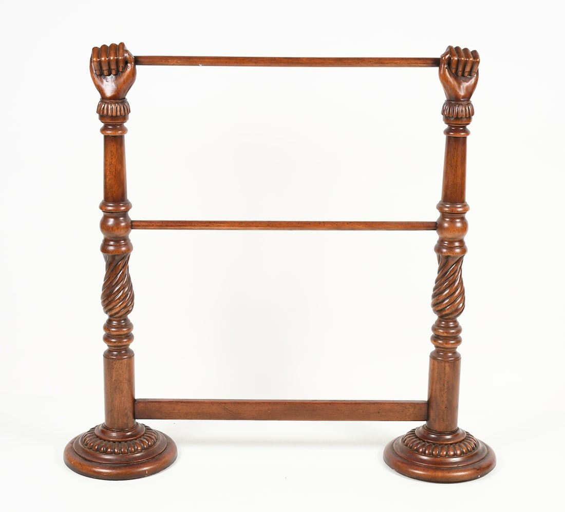 VICTORIAN DISPLAY RACK WITH 2 CARVED FIST TOPS: VICTORIAN DISPLAY / TOWEL RACK WITH 2 CARVED FIST TOPS: Towel bars are supported by Two turned & ribbed supports with surmounting fists. Approx. 36.75" h x 37.75" w x 10" d.