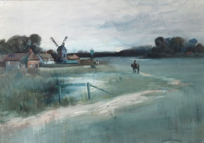 EDWARD READ PAINTING DUTCH LANDSCAPE WITH WINDMILL