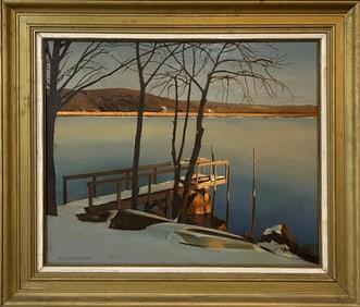 E.A. NYREN PAINTING LAKESIDE WITH DOCK