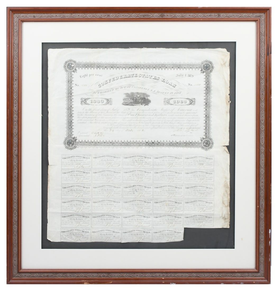 FRAMED CONFEDERATE $1000 LOAN BOND DOCUMENT: FRAMED CONFEDERATE $1000 LOAN BOND DOCUMENT: Loan bond document for $1000 from the Confederate States of America, with cutaway tickets certified for Forty Dollars each. Framed, 25" x 24".