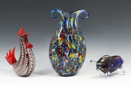 3 PC. MURANO ART GLASS VASE & FIGURES