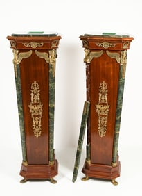 PAIR OF METAL MOUNTED MARBLE TOP PEDESTALS