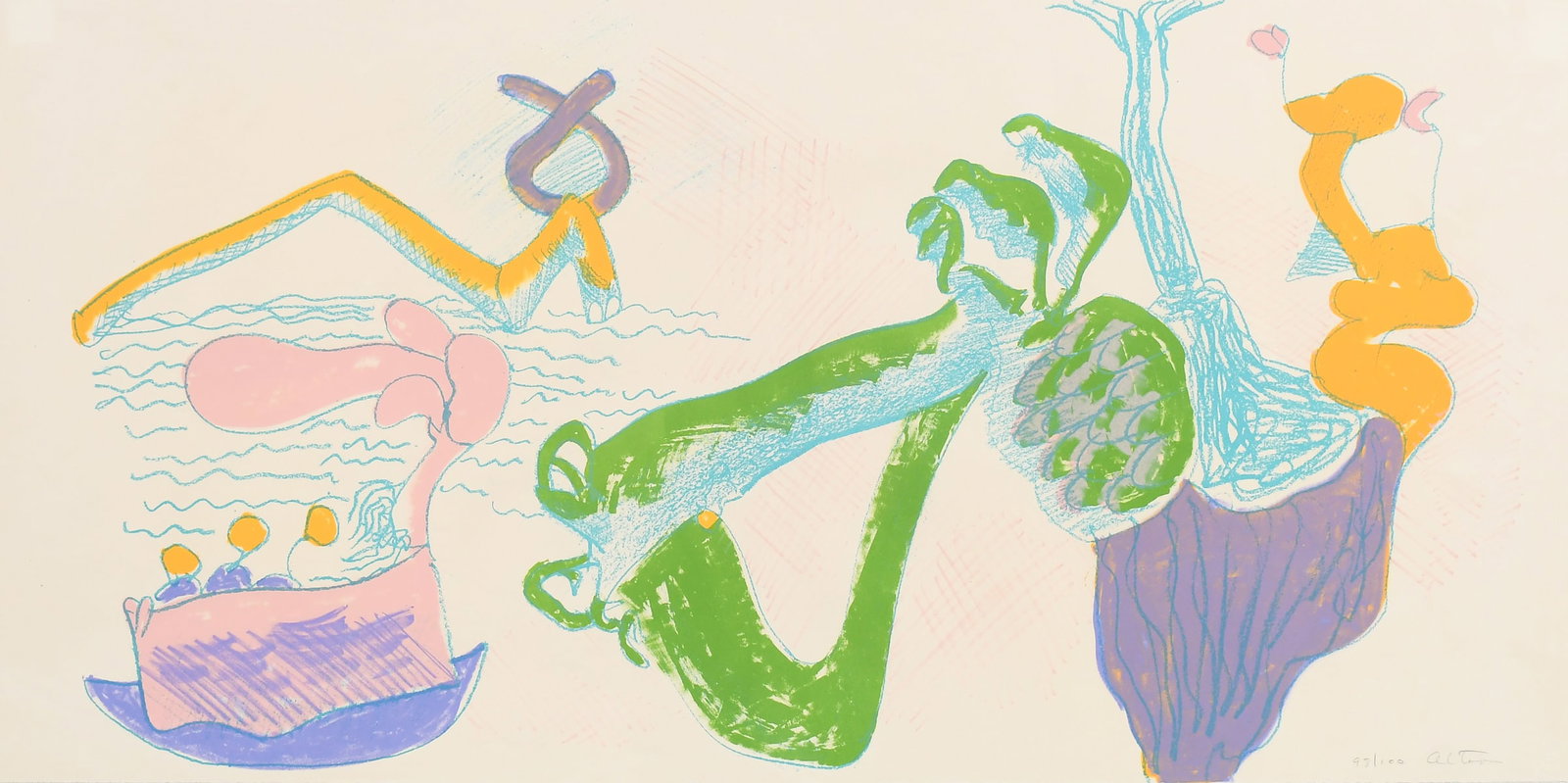 JOHN ALTOON POP ART LITHOGRAPH "ABOUT WOMEN": ALTOON, John, (American, 1925-1969): "About Women", Lithograph, 19" x 37.5", pencil signed lower right, numbered 98/100, float-mounted and framed, 23" x 42".