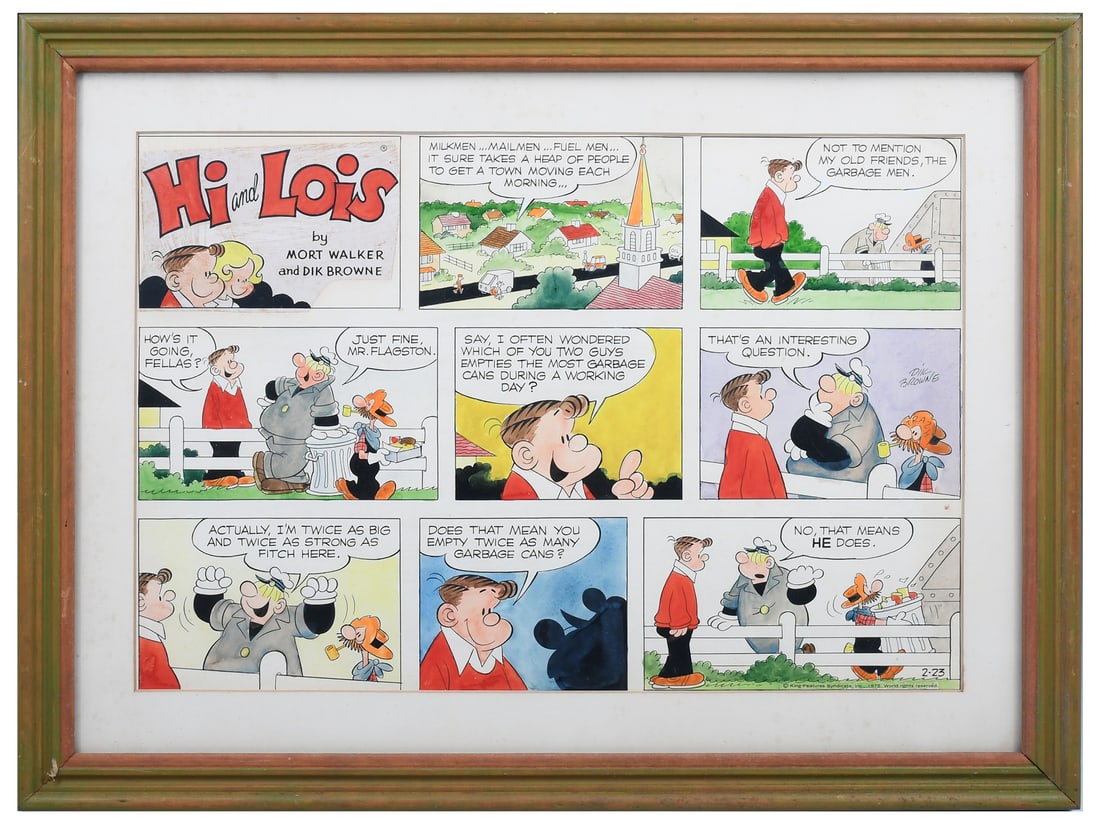 HI & LOIS ORIGINAL COMIC STRIP ARTWORK: MORT WALKER AND DIK BROWNE HI & LOIS ORIGINAL COMIC STRIP ARTWORK: Sight size 14" x 21", strip from 1975, signed by Browne in the right margin, framed, 20" x 27".