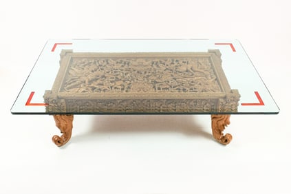 CARVED INDONESIAN GLASS TOP COFFEE TABLE