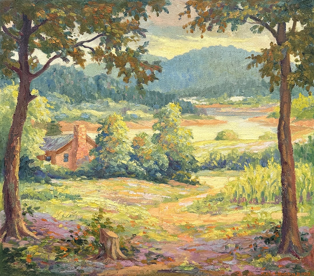 MARK DIXON DODD COUNTRY RIVER LANDSCAPE PAINTING: DODD, Mark Dixon, (American, 1888-1952): Country River Landscape with Cabin, Oil/Masonite, 24" x 23.5", signed lower right, framed, 27.5" x 27.25". This painting has descended from the estate home of 