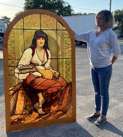 IMPRESSIVE NOUVEAU GYPSY LEADED GLASS WINDOW