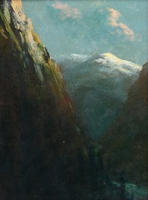 ILLEGIBLY SIGNED MOUNTAIN VALLEY LANDSCAPE PAINTING