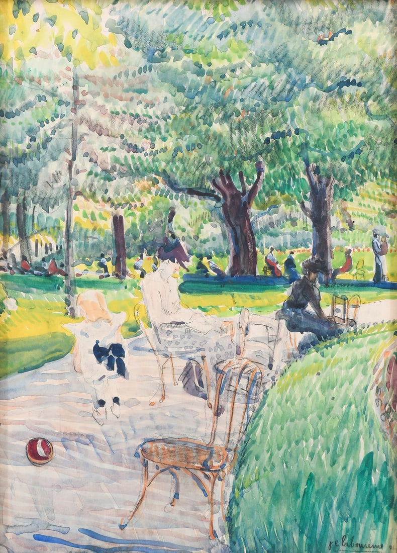 JEAN LABOUREUR FRENCH PARK SCENE PAINTING: LABOUREUR, Jean Emile, (French, 1877-1943): French Park Scene with Figures, Watercolor, sight size 12" x 8.5", fine custom framing, 23.5" x 20". Not examined out of the frame.