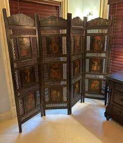 CARVED & FIGURAL DECORATED 4- PANEL INDIAN SCREEN