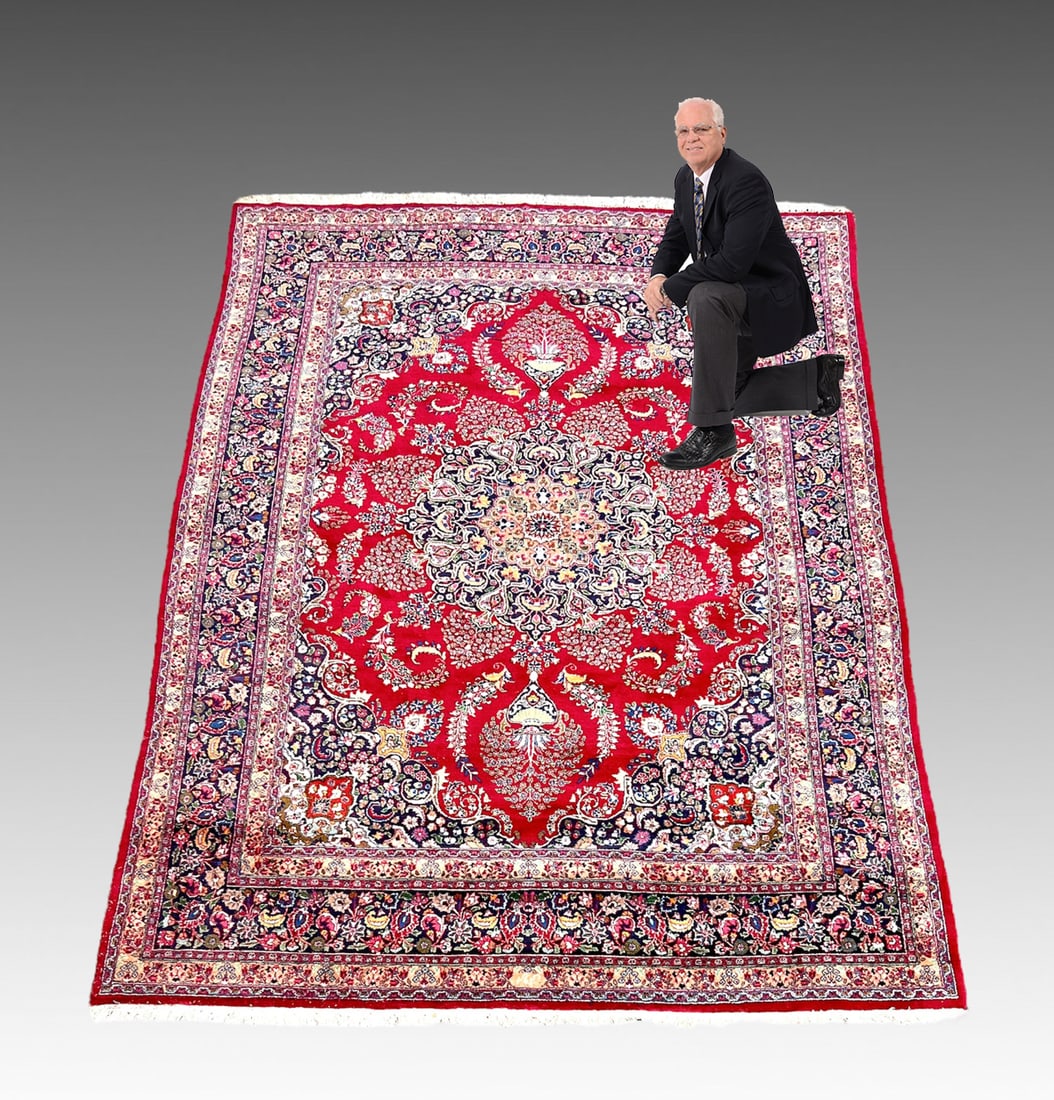 ESTATE ORIENTAL CARPET RED FIELD: ESTATE PERSIAN ORIENTAL CARPET SAROUK OR TABRIZE STYLE DESIGN: Red field with blue floral design borders. 9' 5" x 12' 10".