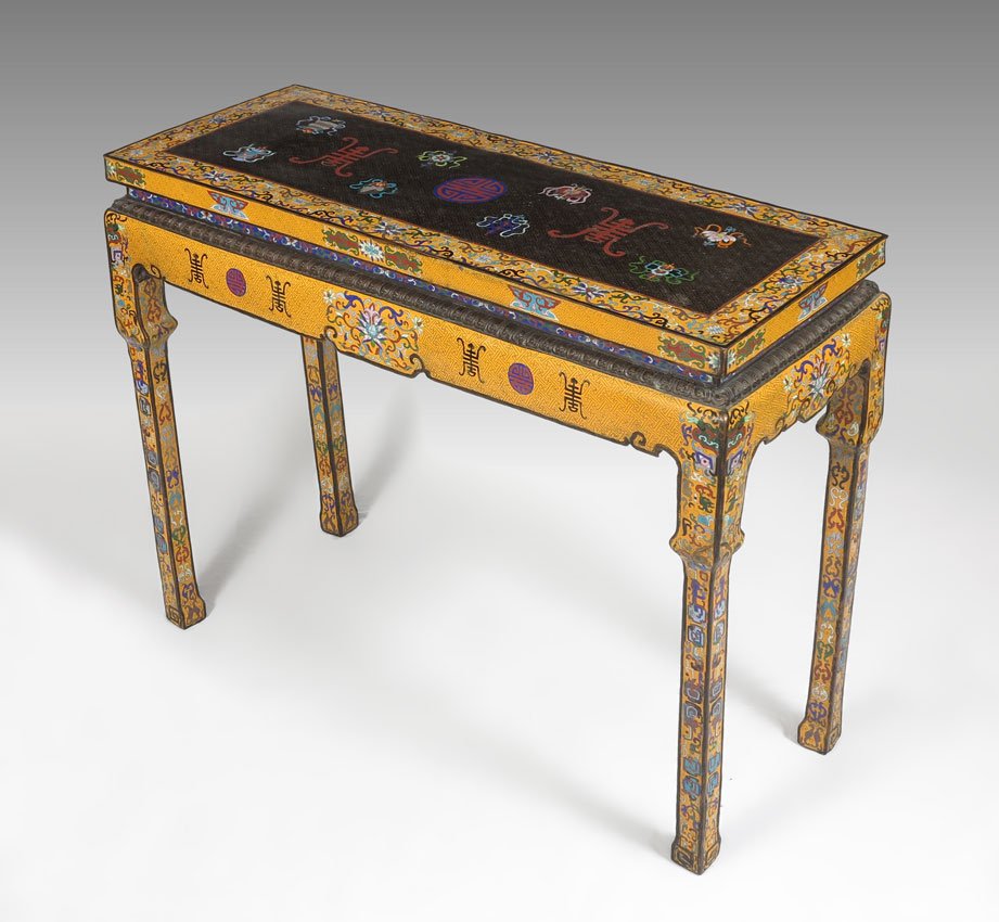 CHINESE YELLOW CLOISONNE ALTAR TABLE: CHINESE CLOISONNE ALTAR TABLE: Golden yellow ground. Approx. 32.5'' tall x 41.25'' long x 16''.
