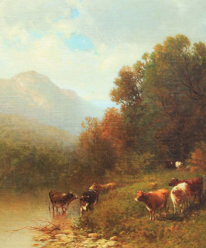 WILLIAM HART HUDSON RIVER SCHOOL COW PAINTING: HART, William, (American, 1923-1894): Hudson River School Scene with Cows Watering in a Mountain Valley Landscape, Oil/Canvas, 12 1/2'' x 10 1/2'', signed lower right, dated 1870, encased in original