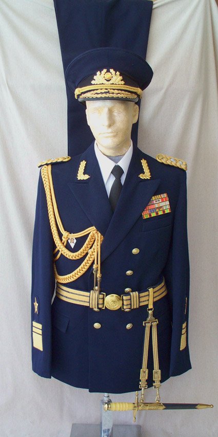 EAST GERMAN VIZEADMIRAL UNIFORM: EAST GERMAN VIZEADMIRAL UNIFORM: Uniform Volksmarine with trousers, hat, aiguillette, shoulder boards, collar tabs, ribbon bar (plastic, backed with proper medal designation), and academy badge. Inclu