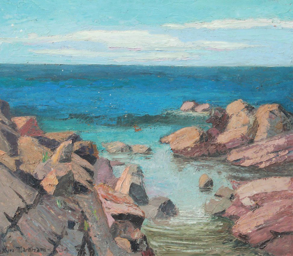 KYRA MARKHAM COASTAL ROCKS PAINTING: MARKHAM, Kyra, (American, 1891-1967): Coastal Rocks, Oil/Masonite, 27'' x 30'', signed lower left, dated '34, encased in wooden frame, 30 x 33 1/4''.