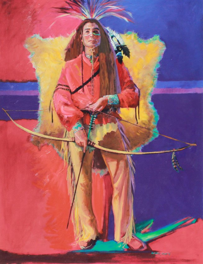 JUNE BERTE LARGE INDIAN WARRIOR PAINTING: BERTE, June, (American, 20th Century): Young Indian Warrior, Oil/Canvas, 40" x 32", signed lower right, encased in custom gilded frame, 50 1/2" x 41 1/2".