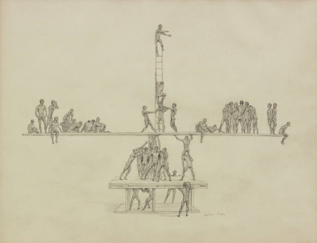JOHN LEAR DRAWING FIGURES IN BALANCE: LEAR, John, (American, 1910-2008): "Figures in Balance", Pencil Drawing, Sight size 8 3/4" x 11 1/2", signed lower right, Arthur Finkel Gallery Stamp verso, also included with a picture of the Artist 