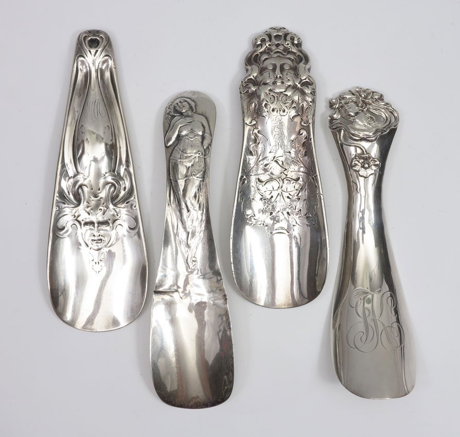 ART NOUVEAU STERLING SILVER SHOE HORNS: ART NOUVEAU STERLING SILVER SHOE HORNS: To include; 1) Full woman's body, crimped and tear, Gorham, date mark for 1904; 2) Medusa like woman's face in middle, Gorham date mark 1903; 3)Woman's face wit