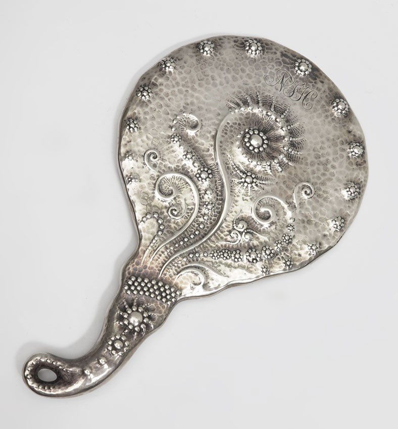 ART NOUVEAU STERLING SILVER MIRROR: ART NOUVEAU STERLING SILVER MIRROR: Hand punched and hammered, nautical theme, Whiting, monogrammed, 9 1/2'' long.
