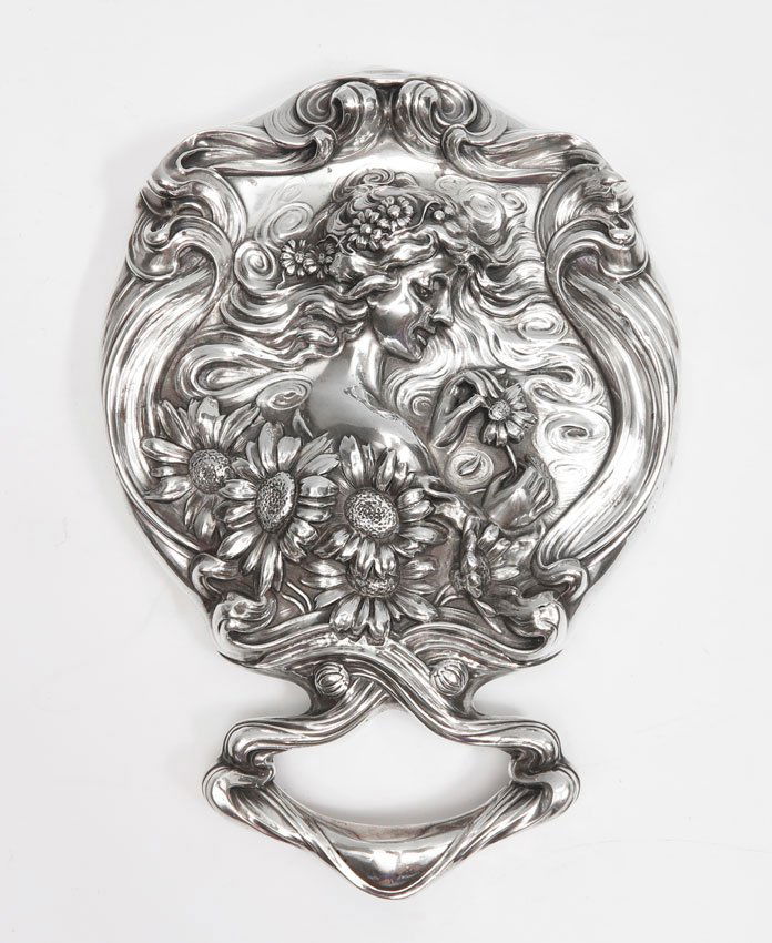 ART NOUVEAU STERLING SILVER MIRROR: ART NOUVEAU STERLING SILVER MIRROR: Woman with Flower, Unger Bros., He Loves Me pattern. Measures 8 1/2''.