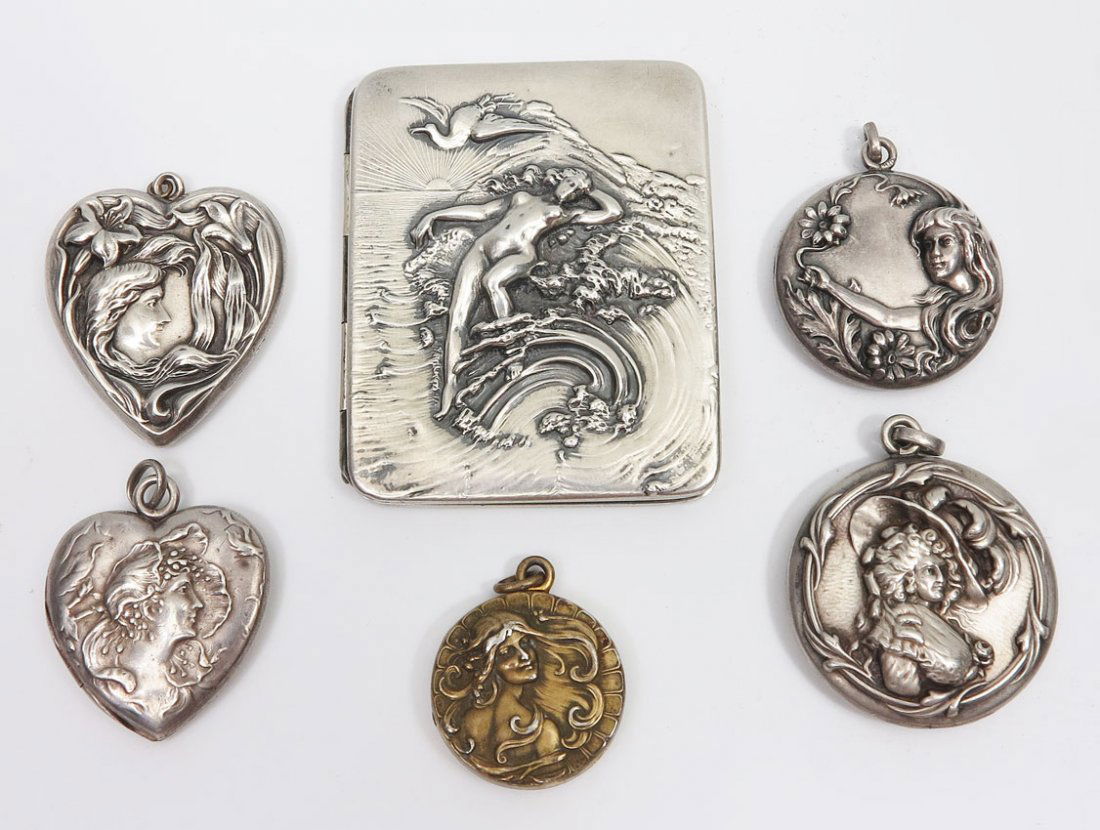 ART NOUVEAU STERLING SILVER LOCKETS: ART NOUVEAU STERLING SILVER LOCKETS: To include; 1) Woman's right profile left center, marked sterling, heart shaped; 2) Heart shaped, woman's right profile, Unger Bros., monogrammed; 3) Hughes, monog