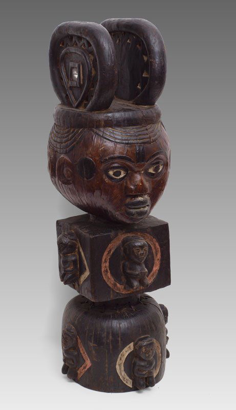 CARVED AFRICAN DOUBLE FACED KOKI FIGURE: CARVED AFRICAN DOUBLE FACED BOKI FIGURE: 43 1/2'' x 14 1/2'' x 15''