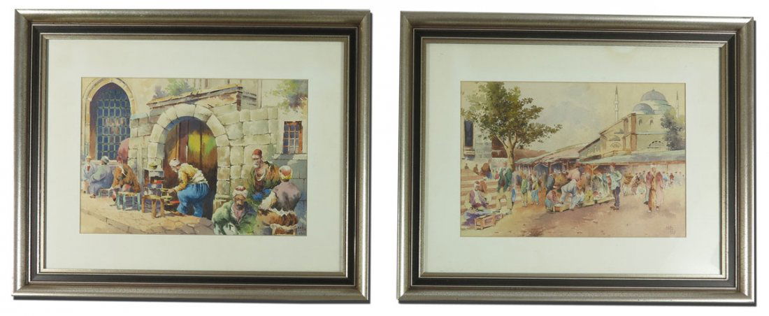 PAIR OF MIDDLE EASTERN/ORIENTALIST PAINTINGS: PAIR OF MIDDLE EASTERN/ORIENTALIST PAINTINGS: Watercolors, Sight size, 11" x 17 1/4", signed lower right, Kadri?, dated 1922 and one dated 1925, Scene Depicts Merchants & Patrons, matching antiqued fr