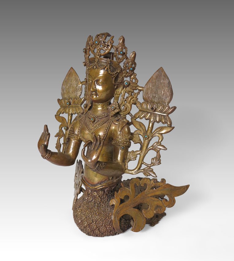 NEPALESE BRONZE HINDU GODDESS FIGURE: NEPALESE BRONZE HINDU GODDESS FIGURE: With inset blue stone cabochons. Measures 13 3/4" h. x 10 1/2" x 13". Age unknown.