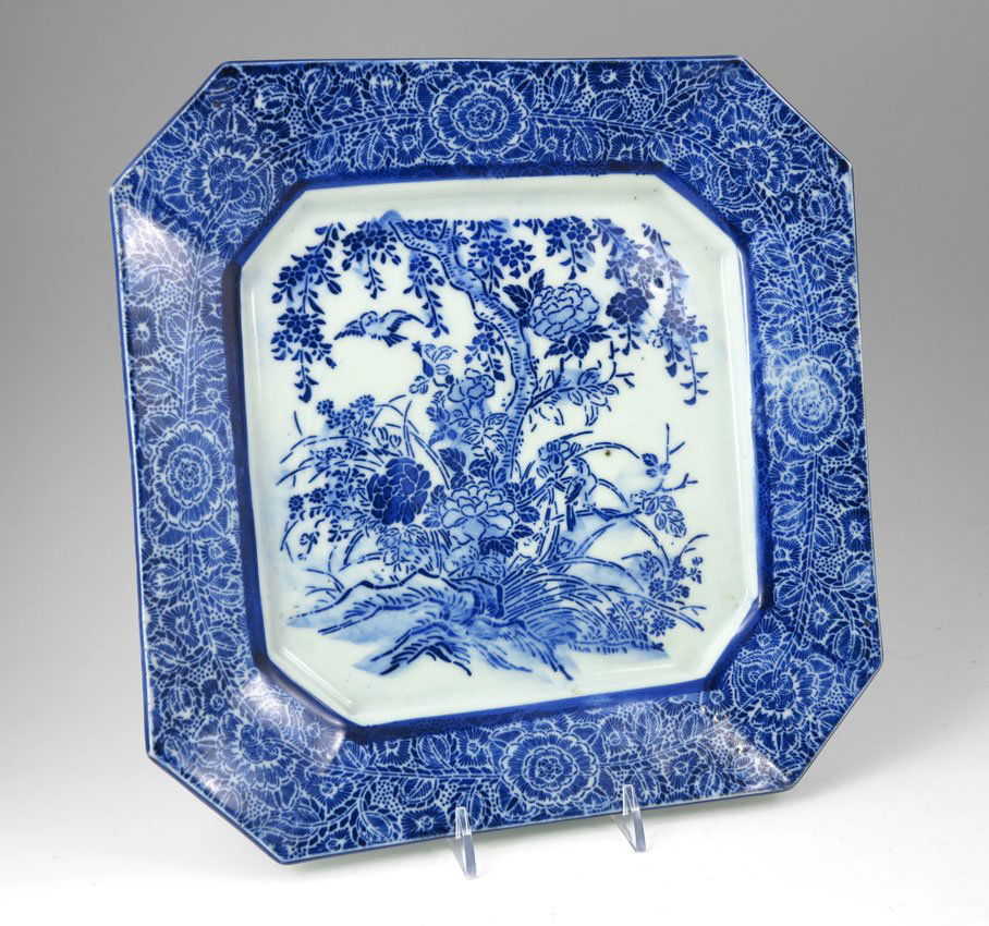 MEIJI PERIOD SOMETSUKE IMARI PORCELAIN CHARGER: MEIJI PERIOD JAPANESE SOMETSUKE PORCELAIN CHARGER: Blue underglaze, square shape. 11 1/4" square. Ca. 1868-1912. JW Booker estate.