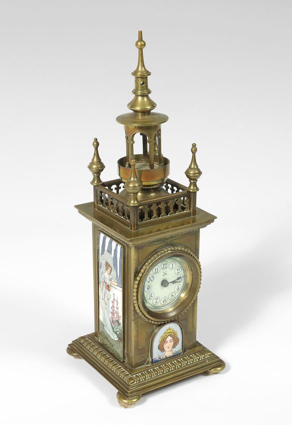GERMAN TOWER CLOCK WITH ENAMEL INSERTS: GERMAN TOWER CLOCK WITH ENAMEL INSERTS: Brass case in the form of a tower with enameled inserts of outdoor genre scenes on sides and portrait on front. Porcelain dial with Arabic numerals. Measures 11
