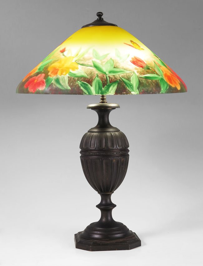 PAIRPOINT LAMP BASE REVERSE PAINTED SHADE: PAIRPOINT LAMP BASE D3039 WITH REVERSE PAINTED GLASS SHADE: Base is signed, the shade with vibrant floral and butterfly may be later. Lamp measures 25" tall, the domed shade 18" dia.