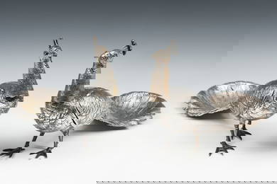 PAIR OF GERMAN .800 SILVER PEACOCK DECANTERS