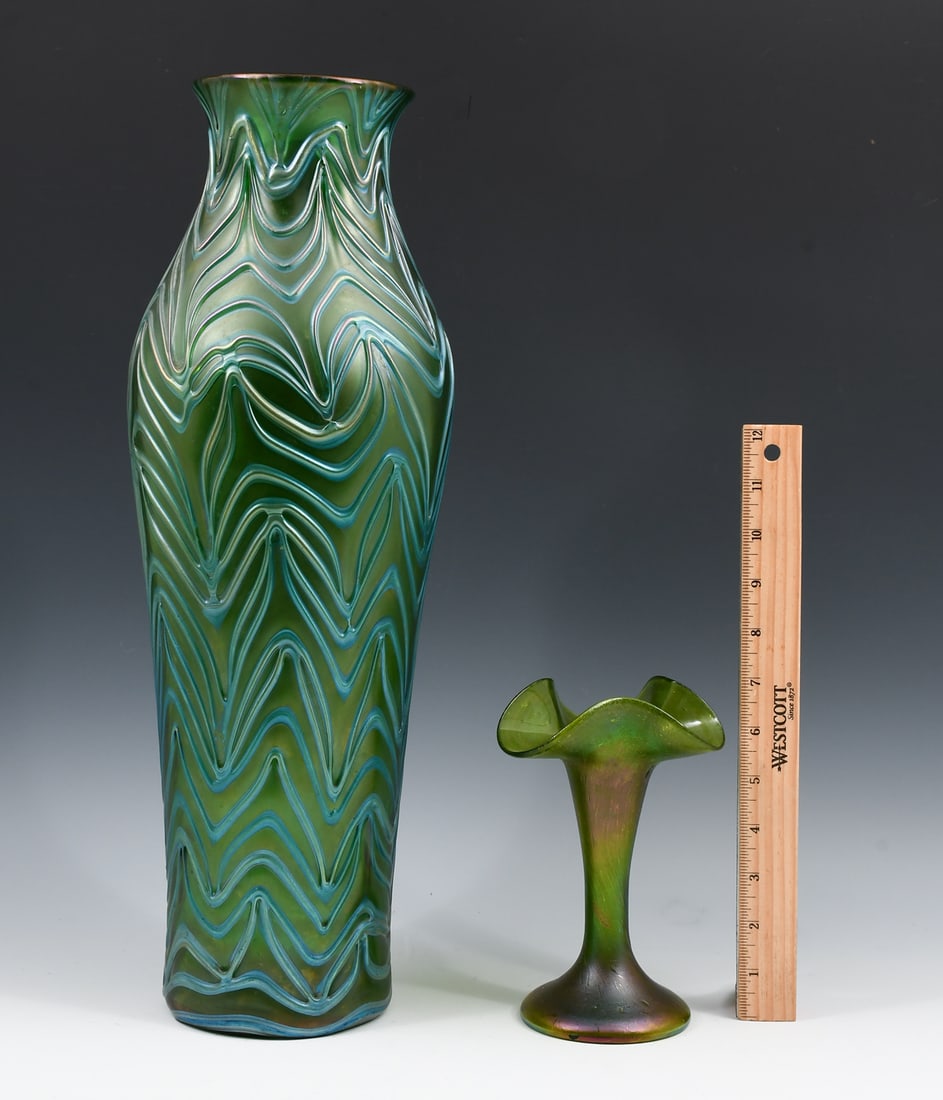 2 PC. LOETZ "CRETE FORMOSA" & PALLME KONIG? VASES: 2 PC. LOETZ "CRETE FORMOSA" & PALLME KONIG GREEN ART GLASS VASES: Comprising; 1- Baluster form translucent green with light blue iridescent threading overall. Unsigned, but etched 3118/42 at the under