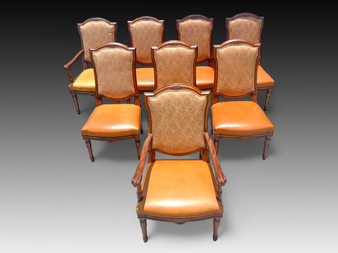8 PC. ALFONSO MARINA LEATHER DINING CHAIRS: 8 PC. ALFONSO MARINA LEATHER DINING CHAIRS: Comprising; 6- Side Chairs, Approx. 43" h x 22.5" w x 26" d. 2- Armchairs, Approx. 42.75" h x 24.75" w x 26" d. All with Butterscotch colored leather seats.