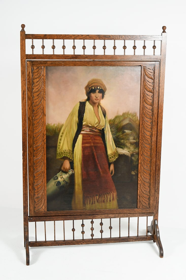VICTORIAN FIRE SCREEN WITH BIBLICAL PAINTING (1 of 6)