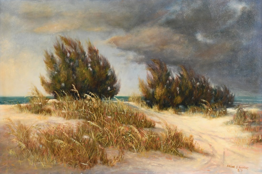FRANK S. HAWKINS FLORIDA STORM BEACH PAINTING: HAWKINS, Frank S., (American, 20th Century): "Sand Key Storm", Oil/Canvas, 24" x 36", signed lower right, titled and dated 5/71 verso, framed, 32" x 44.5".