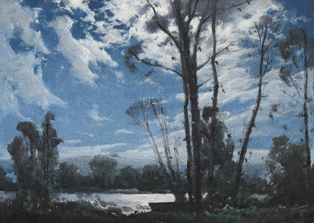 RUDOLPH INGERLE "SONG OF THE NIGHT" PAINTING: INGERLE, Rudolph, (American, 1879-1950): "Song of the Night", Impressionist Moonlit River Landscape, Oil/Canvasboard, 10" x 14", signed lower left, period Impressionist Newcomb-Macklin-style gilded fr