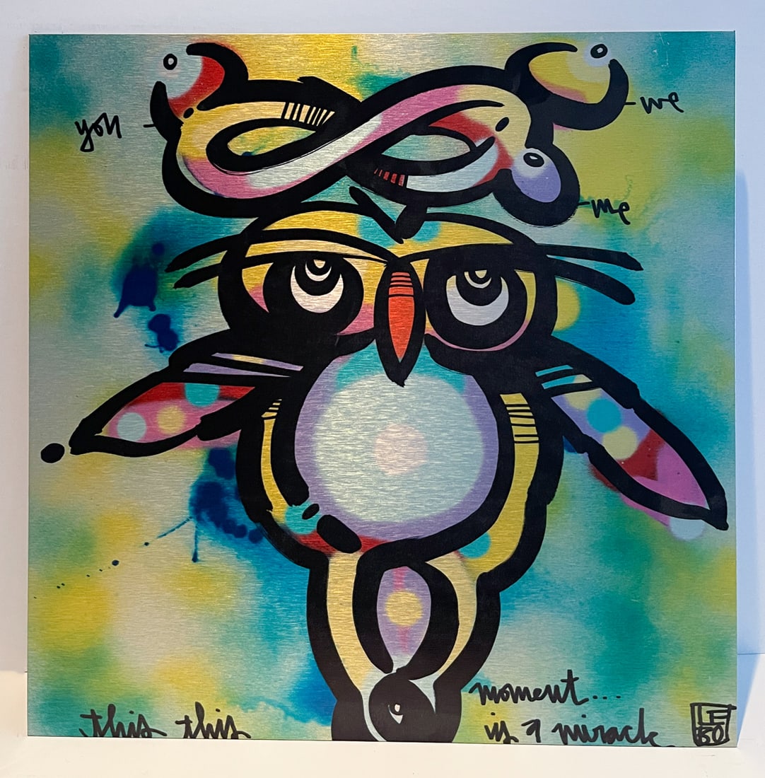 LEBO "THIS MOMENT" BRUSHED ALUMINUM ART BOND: LEBO, aka David Le Batard, (American, b. 1972): "This Moment is a Miracle", Brushed Aluminum Art Bond, 15.875" x 15.875", unframed.