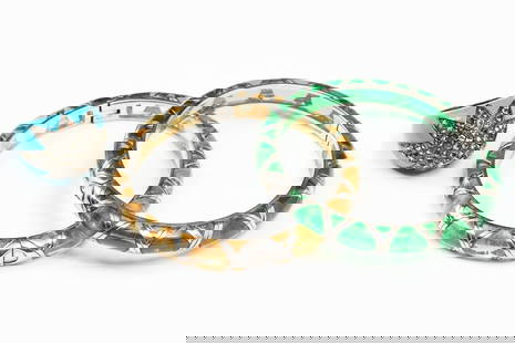 3PC. LOT OF ANGELIQUE DE PARIS JEWELRY: 3PC. LOT OF ANGELIQUE DE PARIS JEWELRY: 1) Teal bangle, Angelique de Paris and .925 hallmark at hinge; 2) Goldenrod bangle, Angelique de Paris and .925 hallmark at hinge; 3) Blue enameled dome ring. A